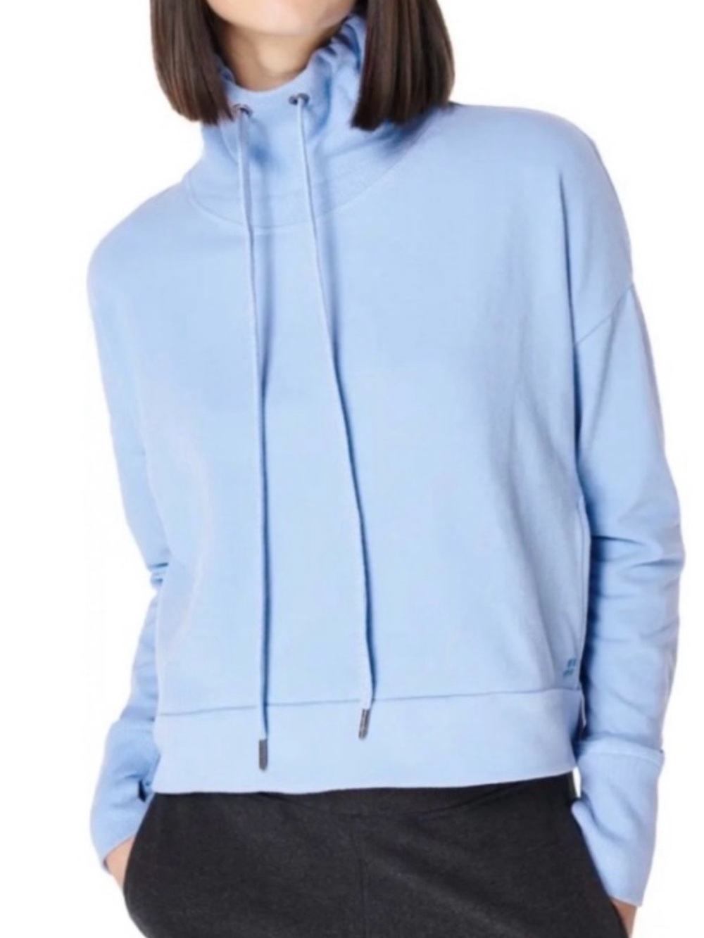 Sweaty Betty Harmonise Luxe Light Blue Neck Drawstring Fleece Sweatshirt. 6